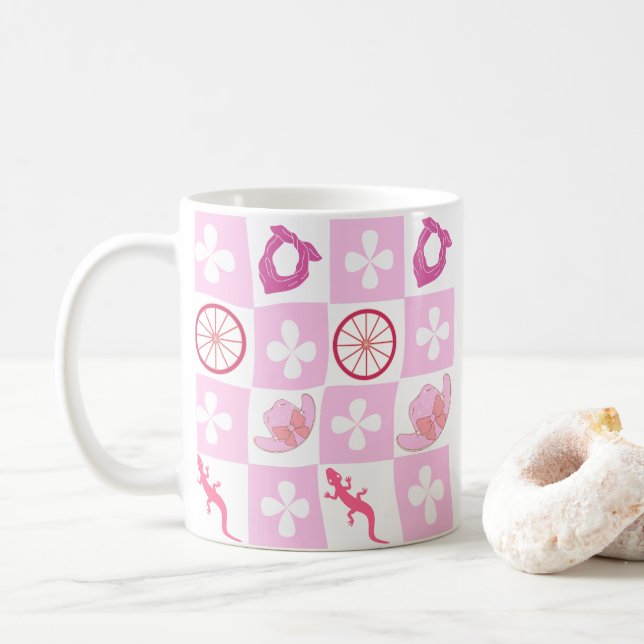 Caneca De Café Vaca rosa personalizada verificada com flor (Com Donut)