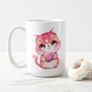 Caneca De Café Valentines de Gatinho Fofo Aquarela Coração Rosa G