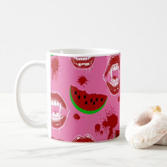 Caneca De Café Vampiro Comendo Melancia Festa Summerween Rosa (Com Donut)