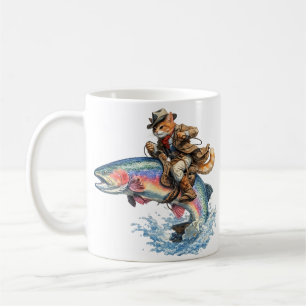 Caneca De Café Vaqueiro Gato Montando Truta Arco-íris Rodeio