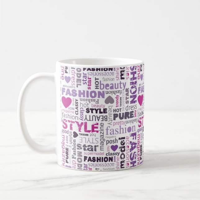 Caneca De Café Várias Palavras de Moda e Estilo em uma Colagem (Esquerda)