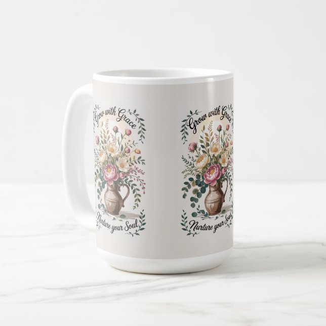 Caneca De Café Vase Com Florais Cresce Com A Citação Da Graça (Frente Esquerda)