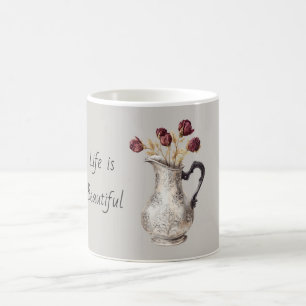 Caneca De Café Vaso de Jarro de Prata com Flores de Rosa Vermelha