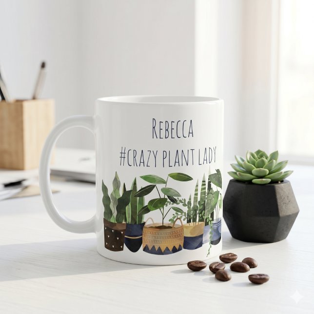Caneca De Café Vaso de Planta & Cacto da Senhora Louca por Planta (Criador carregado)