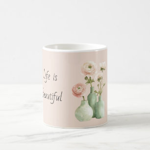 Caneca De Café Vaso Verde Flores de Ranúnculo Rosa