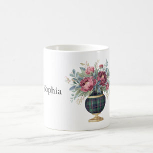 Caneca De Café Vaso Xadrez Verde Flores Vermelhas