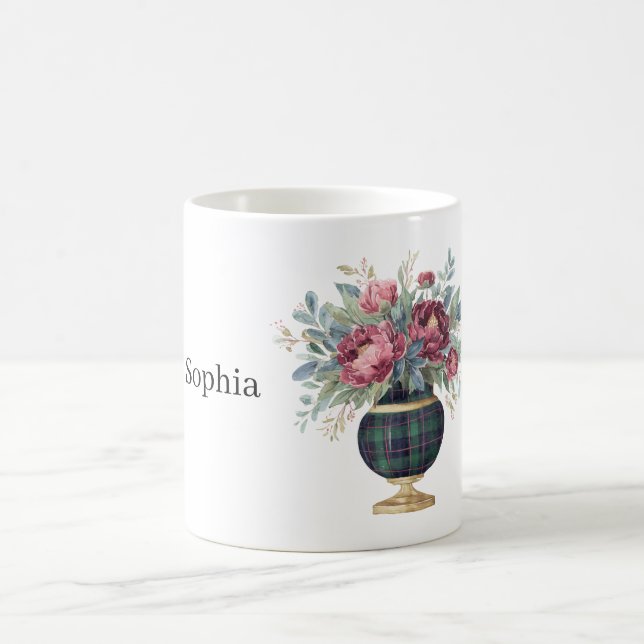 Caneca De Café Vaso Xadrez Verde Flores Vermelhas (Centro)