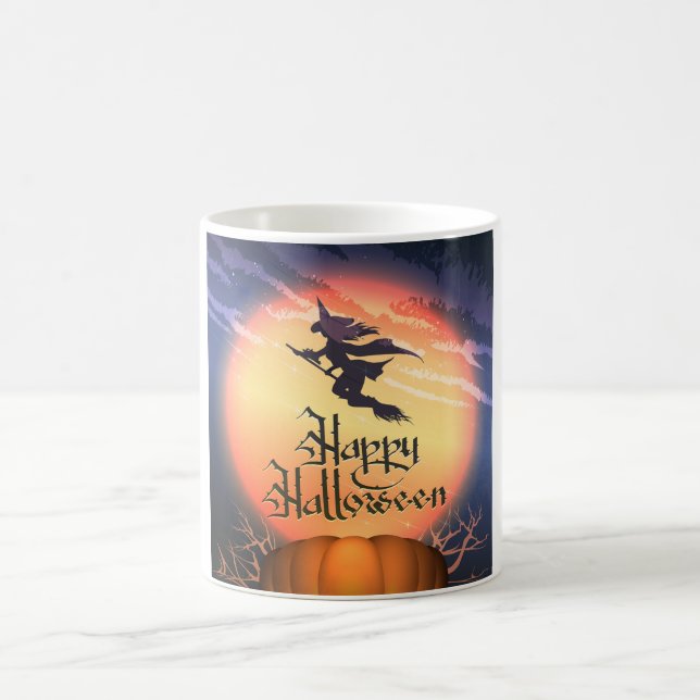 Caneca De Café Vassoura-de-bruxa voadora de Halloween Pumpkin Cof (Centro)