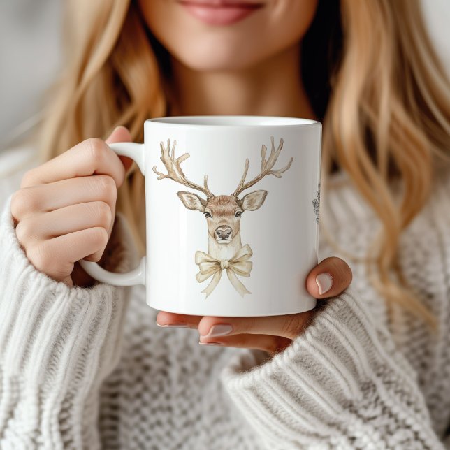 Caneca De Café Veado com Arco de Natal (Deer with Gold Bow Christmas Mug)