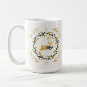 Caneca De Café Veado de Natal com Coroa de Folhas Amarelo Creme