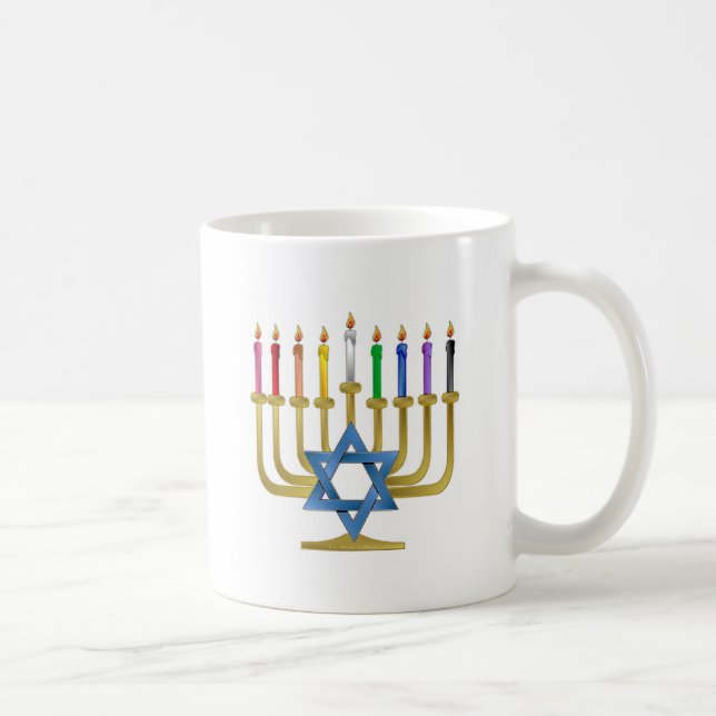 Caneca De Café Velas de Arco-íris de Hanuka Menorah Dourada (Direita)