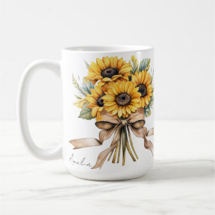 Caneca De Café Verão de Girassol Amarelo Aquarela Nome Personaliz