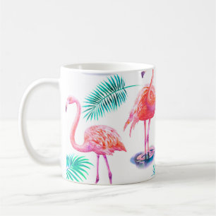 Caneca De Café Verão tropical com folhas de palma de flamingos e