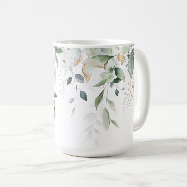 Caneca De Café Verde Botânico com Destaque Dourado (Frente Esquerda)