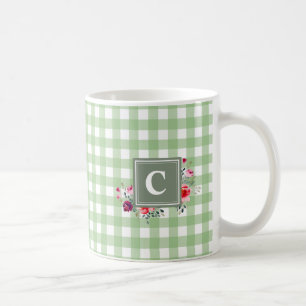 Caneca De Café Verde clássico belo, verde tartan, floral inicial