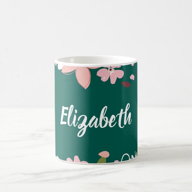 Caneca De Café Verde com Flores Rosa Personalizadas (Centro)