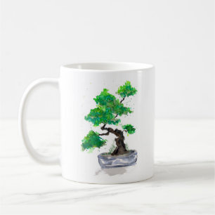 Caneca de café verde da aguarela dos bonsais