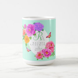 Caneca De Café Verde do Monograma Romântico