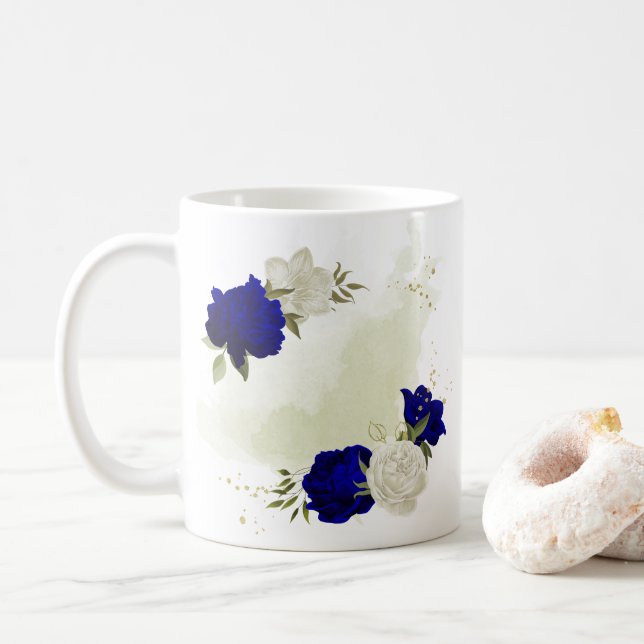 Caneca De Café verde-floral azul-real (Com Donut)
