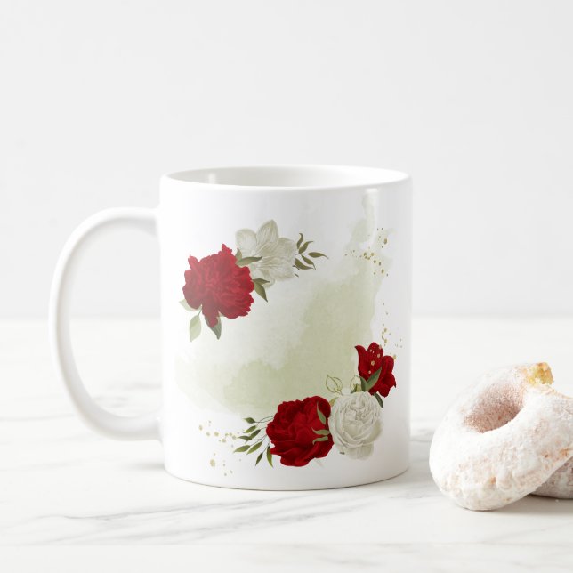Caneca De Café Verde floral branco vermelho (Com Donut)