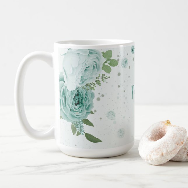 caneca de café verde-flores azuis românticas (Com Donut)