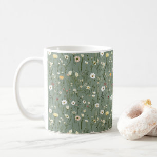 Caneca De Café Verde Salvia Amarelo Branco Boho Flores Silvestres