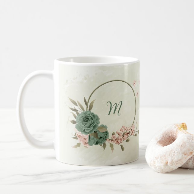 Caneca De Café verde sálvia beijo floral  (Com Donut)