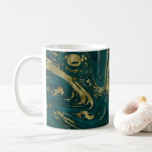Caneca De Café Verde-Teal Moderno e Dourado espiral de mármore