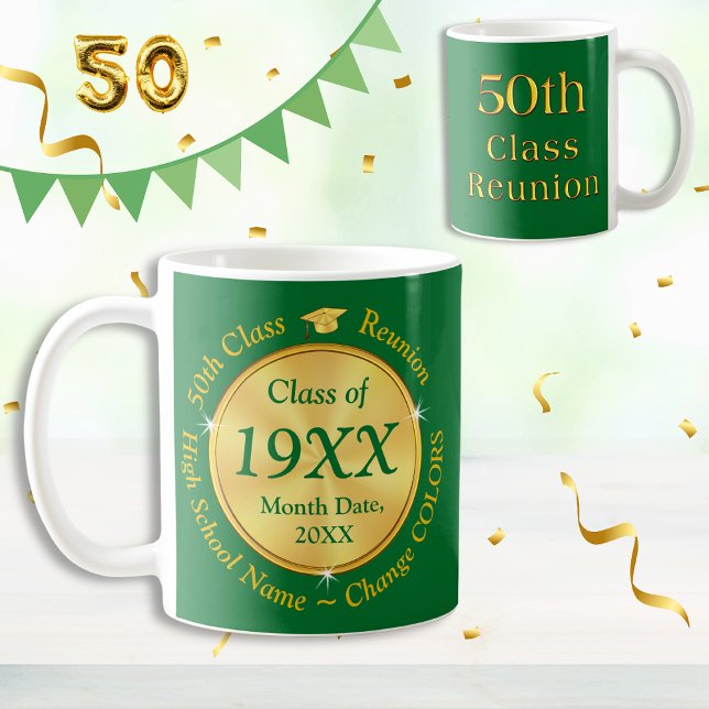 Caneca De Café Verdes e Douradas, 50ª Classe de Ideias de Present (50th class reunion souvenirs. Great, Class of 1974. ANY YEAR, 50th class reunion gifts. Green Gold.)