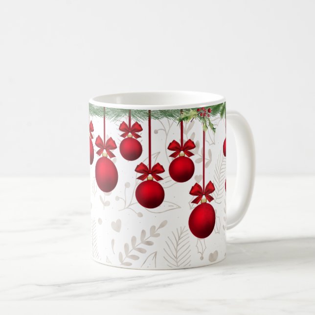 Caneca De Café Verdes e Ornamentos de Natal (Frente Esquerda)