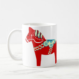Caneca de café vermelha e azul do cavalo de Dala