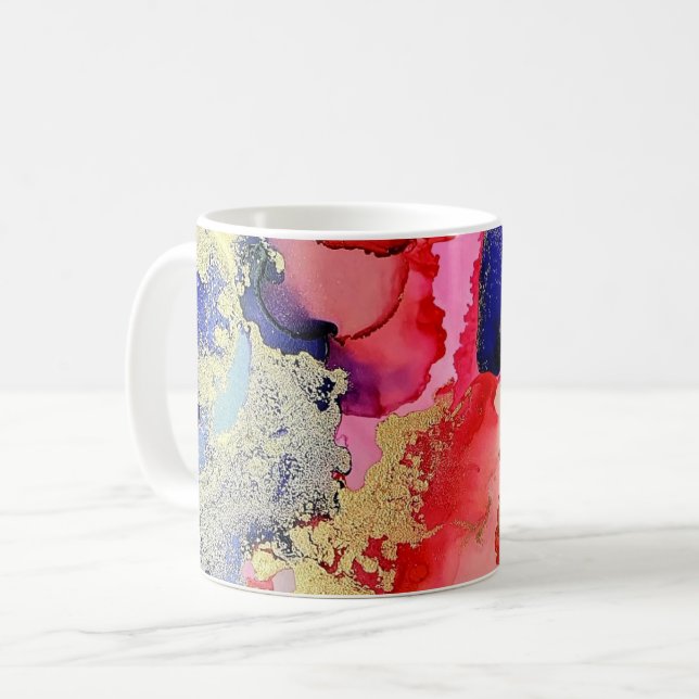 Caneca De Café Vermelho Azul de Arte Moderna Dourado (Frente Esquerda)