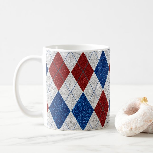 Caneca De Café Vermelho, Branco, Argyle Azul Julho 4 Brilho (Com Donut)