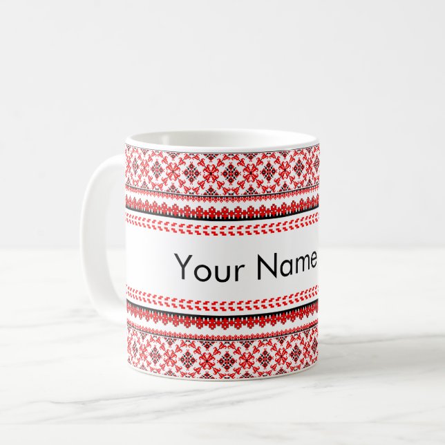 Caneca De Café Vermelho de bordado ucraniano personalizável (Frente Esquerda)
