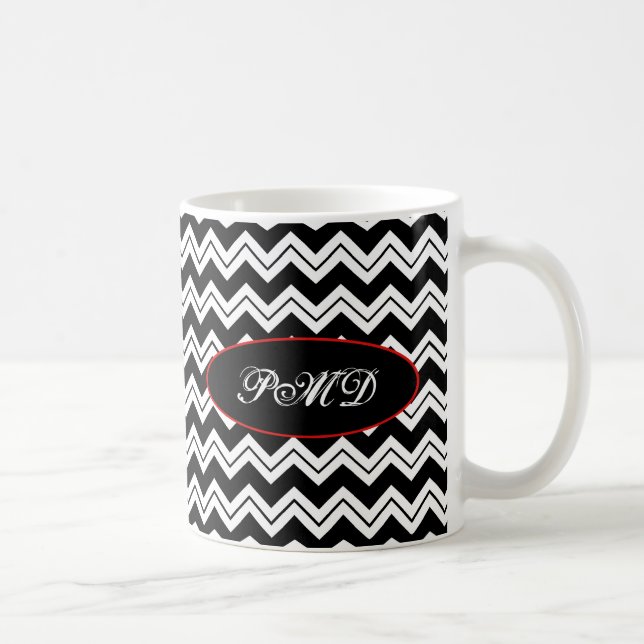Caneca De Café Vermelho Preto e Branco Monograma Chevron Zizzag (Direita)