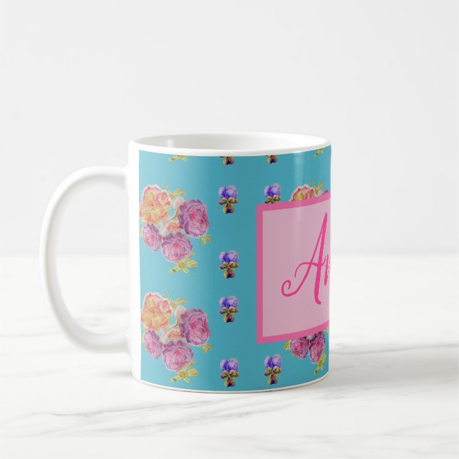 Caneca De Café Vermelho Rosa Rosa Chique Teal Aqua Flor Floral (Esquerda)
