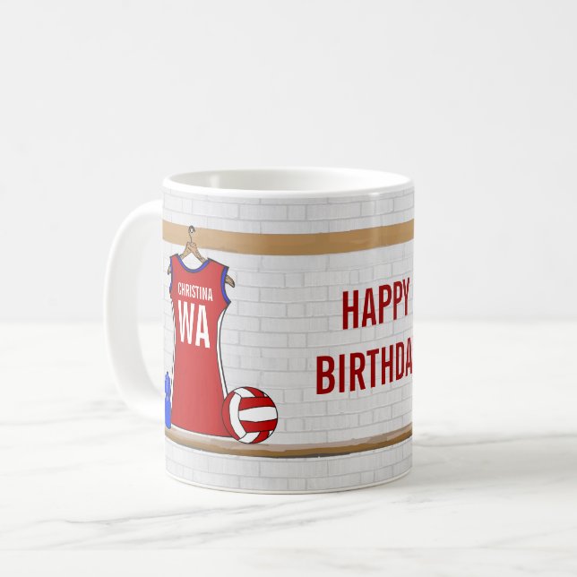 Caneca De Café Vermelho Uniforme Netball Personalizado com Azul e (Frente Esquerda)