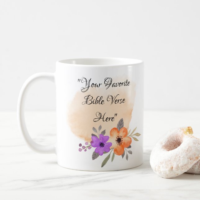 Caneca De Café Verso de Bíblia Personalizado no Fundo de Pêssego  (Com Donut)