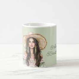 Caneca De Café Vestido Rosa Verde Feminino Chapéu