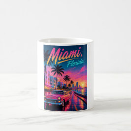 Caneca De Café Viagem com pôr do sol neon retrô em Miami Flórida