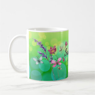 Caneca De Café Víbas e borboletas de verão texto pessoal verde