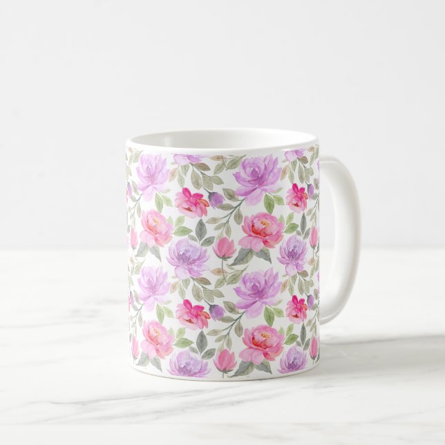 Caneca De Café Vibração Fresca de Primavera: Design Floral Rosa e (Frente Esquerda)
