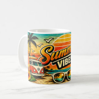 Caneca De Café Vibrações de Verão Praia Retro Pôr do Sol 