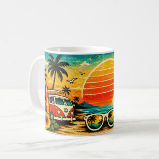 Caneca De Café Vibrações de Verão Praia Retro Pôr do Sol 