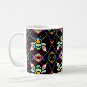 Caneca De Café Vibrant Neon Honeybee com Abstrato Hexagonal