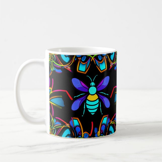 Caneca De Café Vibrant Neon Honeybee com Abstrato Hexagonal (Esquerda)