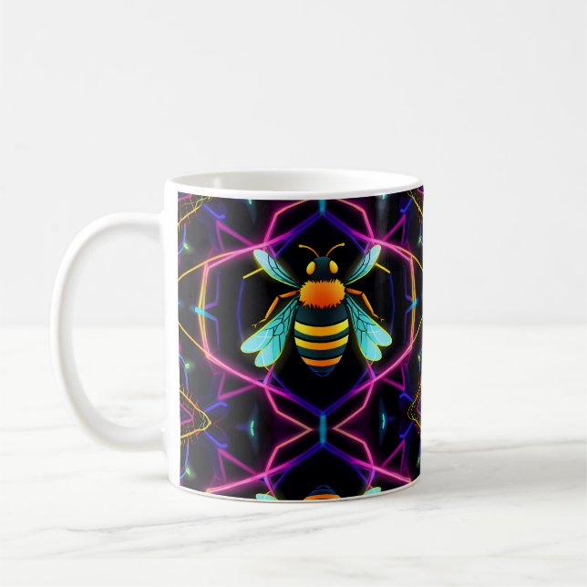 Caneca De Café Vibrant Neon Honeybee com Abstrato Hexagonal (Esquerda)