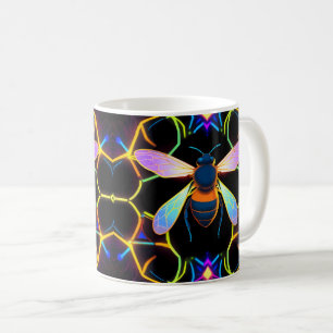 Caneca De Café Vibrant Neon Honeybee com Abstrato Hexagonal
