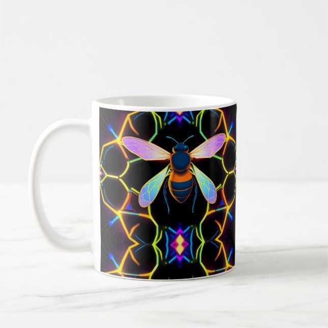Caneca De Café Vibrant Neon Honeybee com Abstrato Hexagonal (Esquerda)