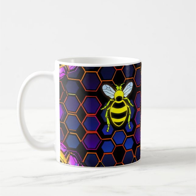 Caneca De Café Vibrant Neon Honeybee com Abstrato Hexagonal (Esquerda)